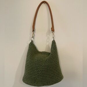 Green Crochet Hobo Bag with Tan Strap